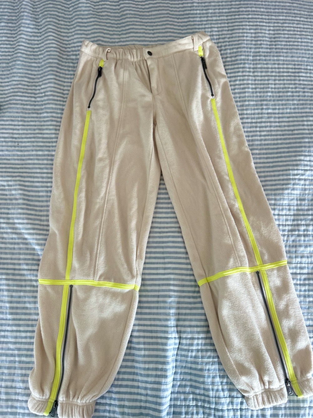 FP Movement by Free People Cream Arena Fleece Track Pants with Neon Yellow Trim